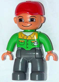 LEGO 47394pb059 Duplo Figure Lego Ville, Male, Dark Bluish Gray Legs, Bright Green Button Down Shirt, Red Cap, Brown Eyes, Closed Mouth Smile (Mechanic)