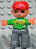 LEGO 47394pb101 Duplo Figure Lego Ville, Male, Dark Bluish Gray Legs, Bright Green Button Down Shirt, Red Cap, Brown Eyes, Open Mouth Smile (Mechanic)